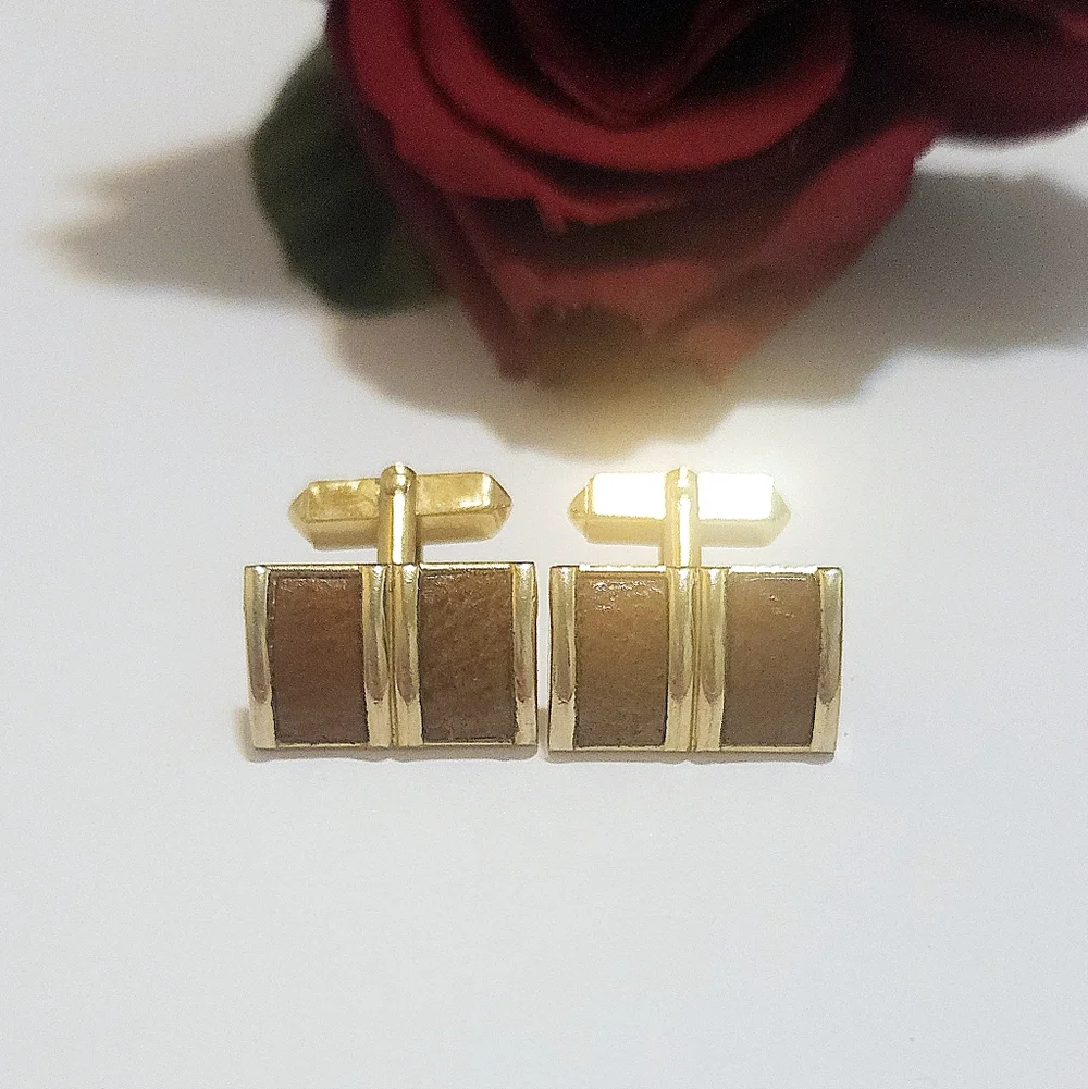 Vintage Swank Gold Plated Brown Leather Cuff Links Unisex